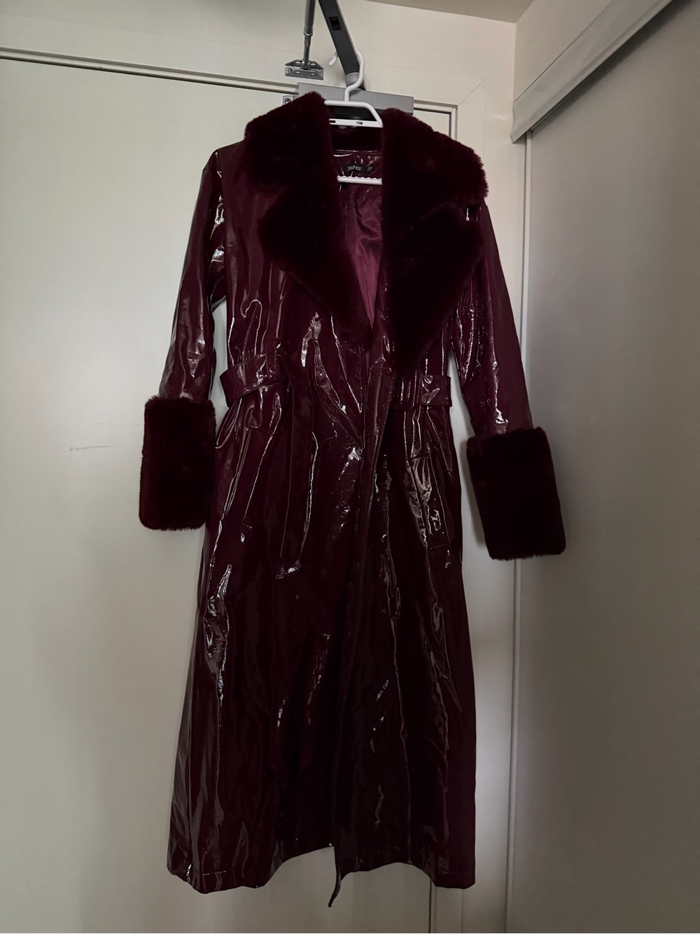 Women's Long Burgundy Patent Trench Coat with Faux Fur Trim